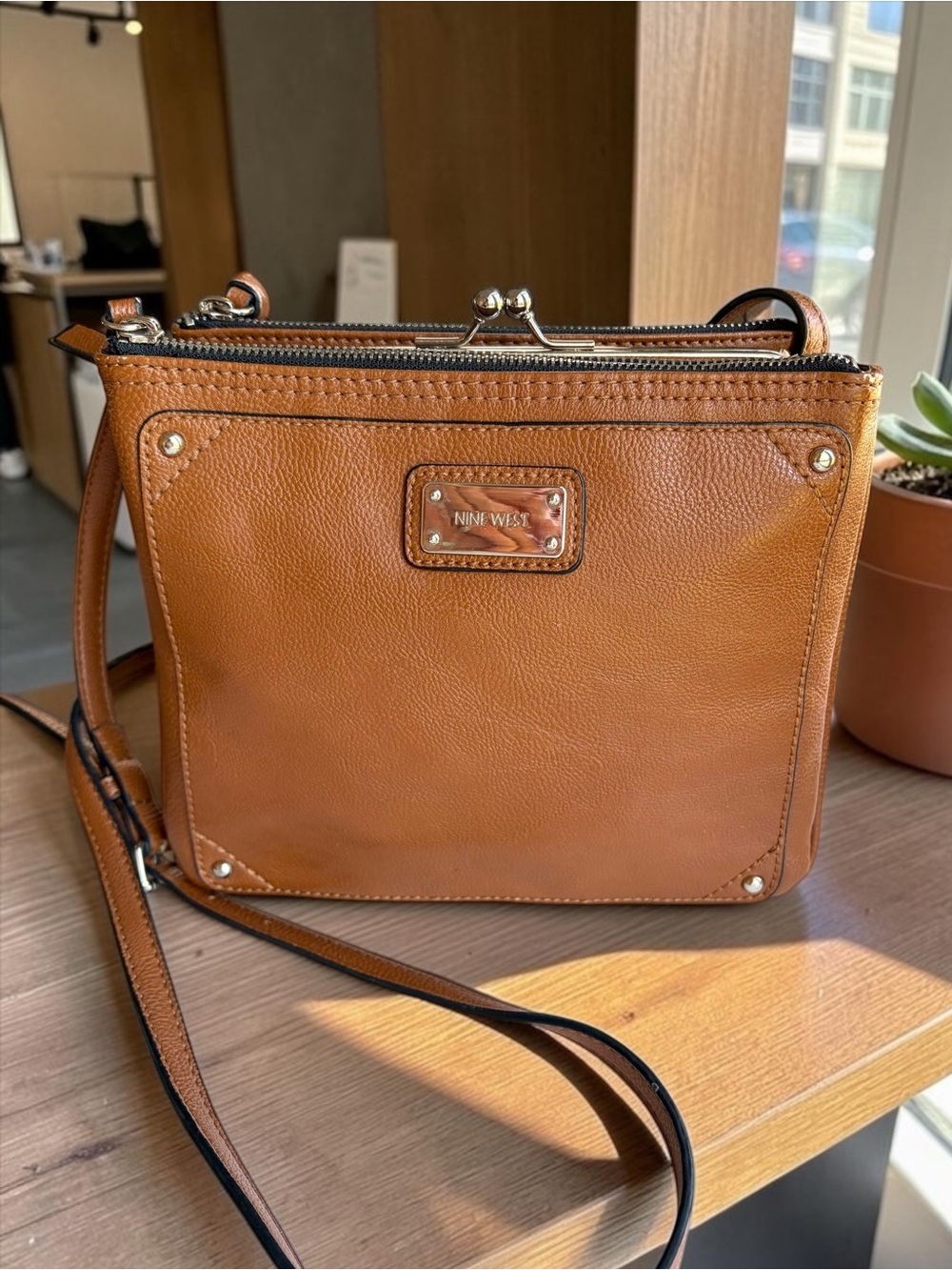 Nine West Warm Brown Crossbody with Kiss-Lock Detail